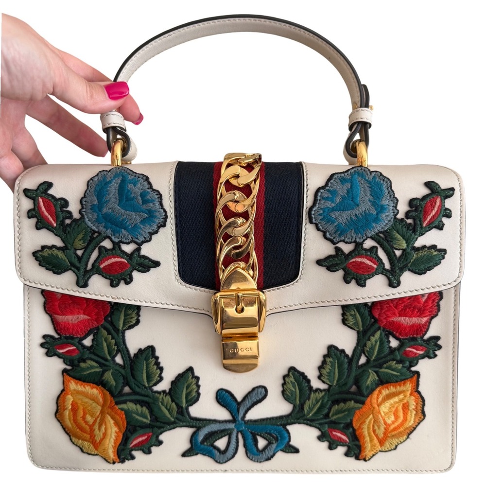 Gucci Sylvie Medium Floral Embroidered Leather Top Handle Bag | Box + Dust Bag - Picture 2 of 16